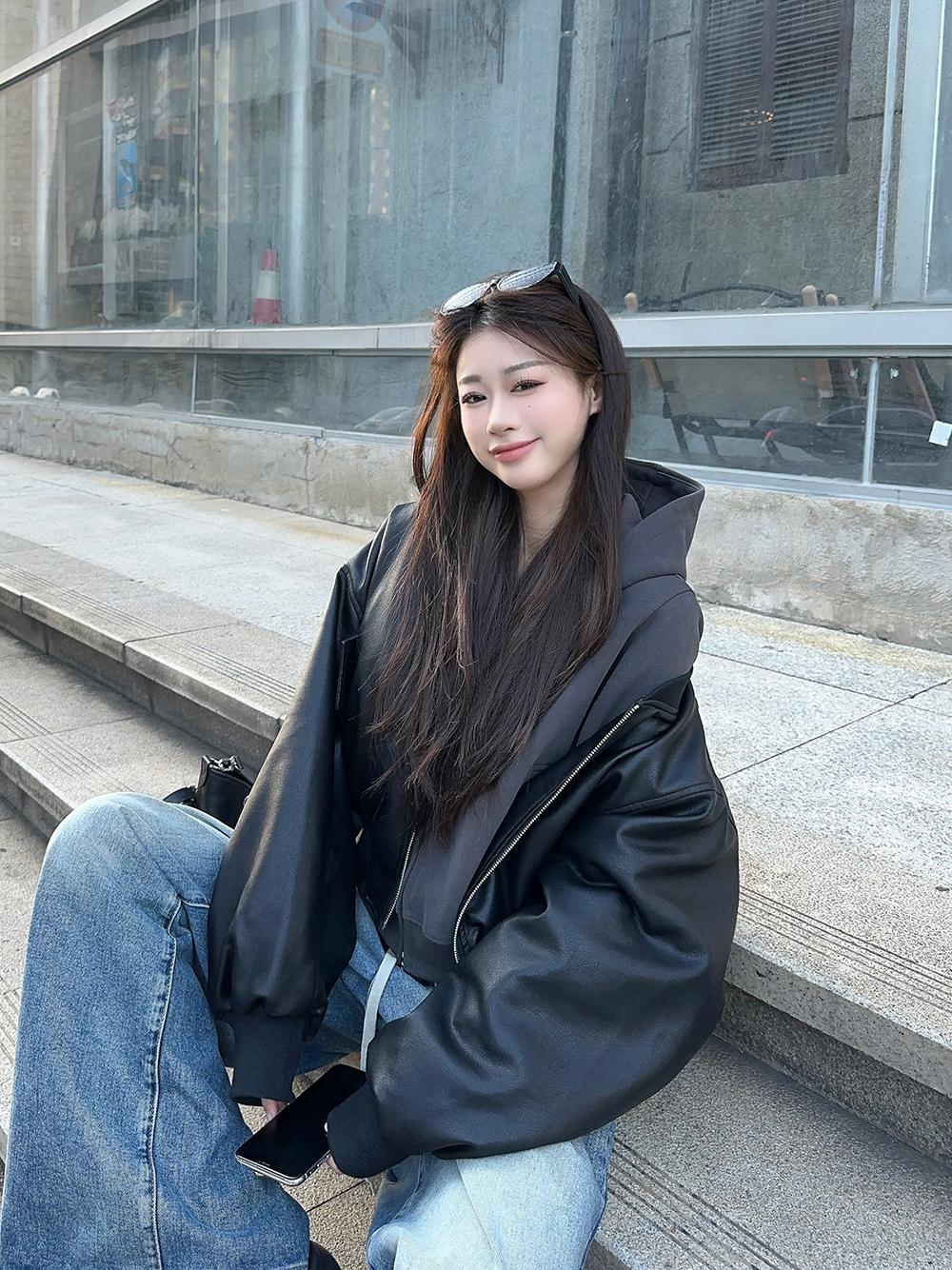 2025 秋冬 長袖 ジャケット 暖かい 防寒 かわいい 韓国トップス アウター 羽織り合成レディースフェイクコーデカジュアルシルエットゆったりファッション系サイズ 色っぽ 女っぽきれいめ大人裏丈黑