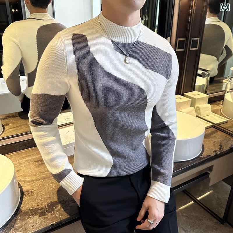 秋冬 英国 スリム フィット カラー ブロック ハーフ タートルネック 長袖 セーター プルオーバー ニット シャツ
