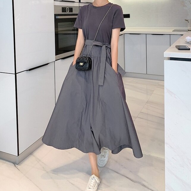 レディース ロングワンピース Tシャツワンピース ウエストマーク リボン 半袖 くるぶし丈 異素材