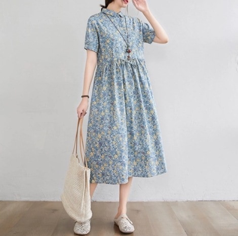 花柄半袖ワンピース ワンピース スカート 膝下丈 半袖 Aライン ゆったり ウエストリボン 爽やか かわいい 可愛い 上品 おしゃれ かっこいい 可愛い 個性的 キュート ガーリー