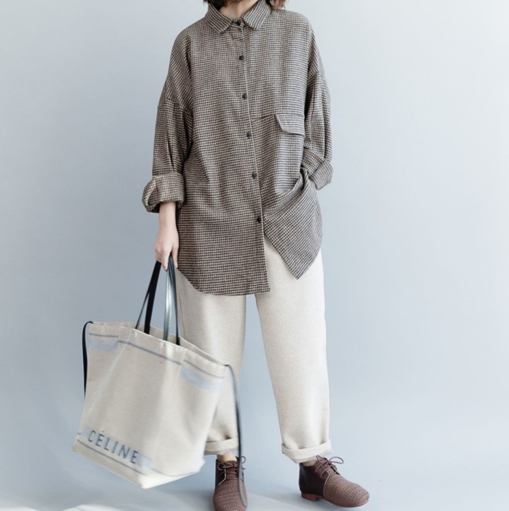 オーバーサイズシャツ ボーイズシャツ 千鳥柄ワイドシャツ 大判長袖シャツ トップス Tシャツ シャツ ブラウス ロング丈 袖あり 長袖 Vネック 襟付き ストレート ワイド スマート かわいい