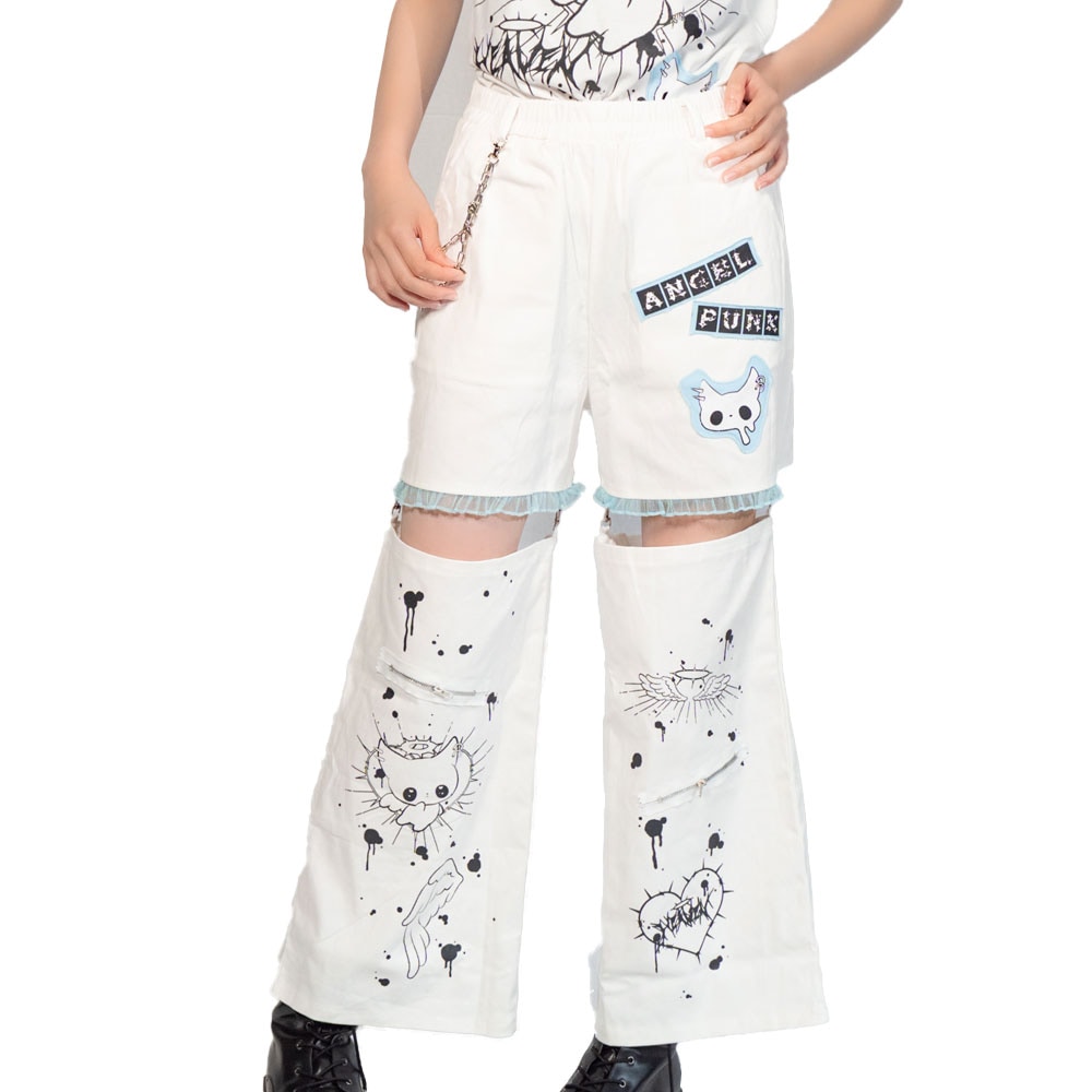 ANGEL PUNK パンツ ボトムス 10分丈 原宿系 原宿 ファッション ロック 天使界隈 天使 悪魔 派手 ホワイト jr-590-133