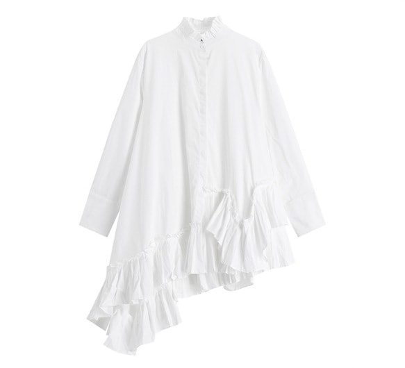 トップス シャツスカート アシメントリー シャツスカート 個性的 シャツ ミモレ丈 袖あり 長袖 襟付き スタンドカラー ストレート フリル かわいい カジュアル おしゃれ お洒落 大人可愛い 5,446円