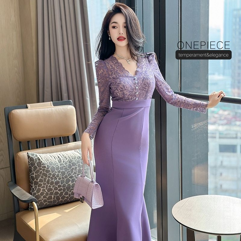 マーメードライン タイトワンピース Vネック セクシー 長袖 春 秋 エレガント 上品 レディース フェミニン ドレス パーティードレス ワンピース レース ミモレ丈 ワンピ 通勤 上品 フォーマル