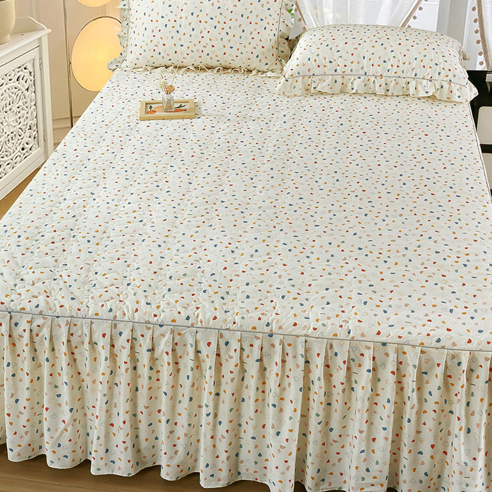 Fzigenle ベッドスカート 花柄 レース キルティング 中綿 カラーb11 上品 厚手 姫系 フリル ベッドカバー A180*220 秋冬 柔らか ダブル キング ベッドスプレッド マットレスカ