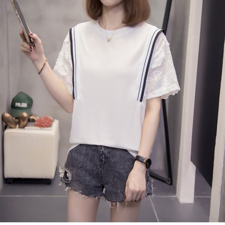 個性派 トップス シャツ ブラウス カットソー 袖あり 半袖 襟なし 切り替えデザイン ドッキング 裾イン レース 透け感 シースルー かわいい 大人可愛い シンプル カジュアル おしゃれ お洒落 5,561円