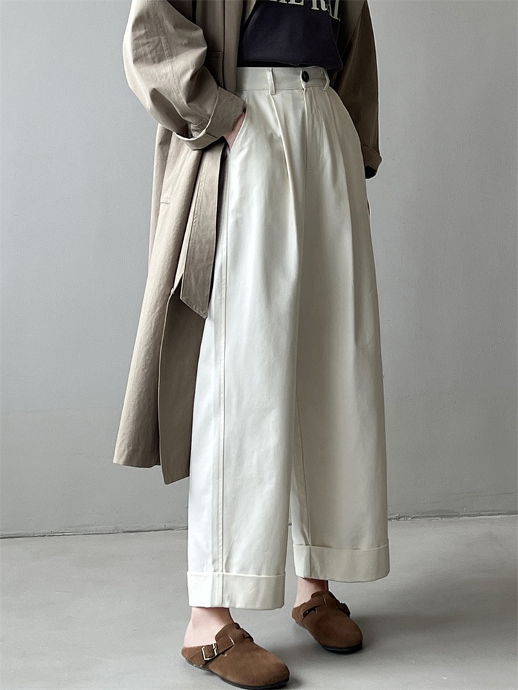 スタイル ゆったりする ハイウエスト カーリングパンツ ワイドパンツ ストレート カジュアルパンツ コットン ロングパンツ