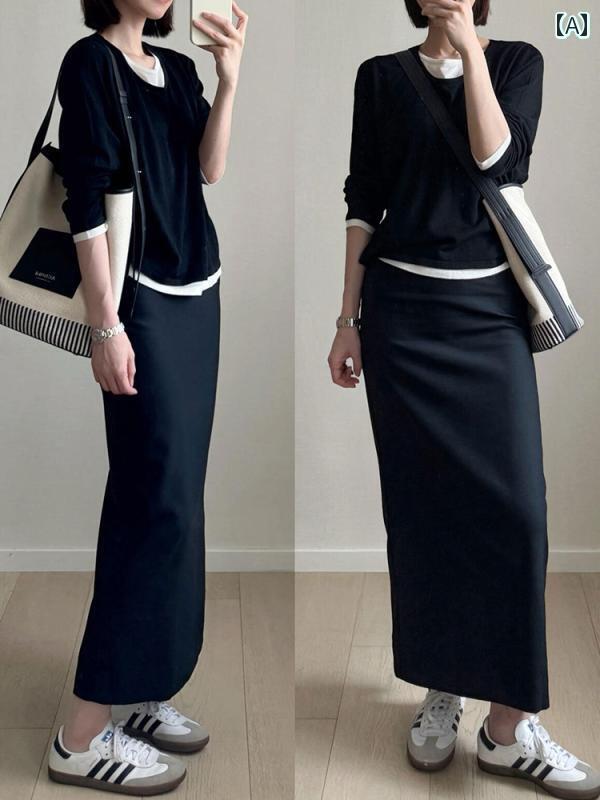 レディース　スカート　ハイウエスト ハイエンド 黒の ストレート スカート 女性用 大きいサイズ 後ろに スリット やや 太めの mm 背が 高く の 良い 中くらいの 長さの スーツ