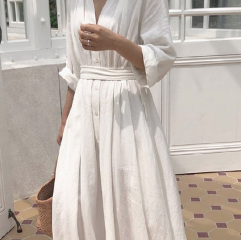 ワンピース フレア Aライン ミモレ ロング 五分袖 Vネック セミフレア 前開き ウエストマーク 薄手 大人可愛い きれいめ シンプル 上品 春 夏 マタニティ デート リゾート モテ XL 5,401円