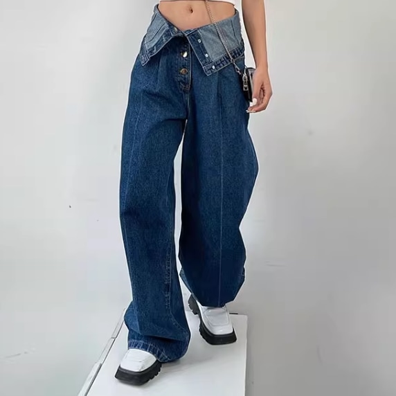 レディース パンツ Gパン ワイドパンツ ワイド ポケット ハイウエスト ボタン デニム ブルーデニム 中厚手 カジュアル おしゃれ かっこいい こなれ感 ラフ マニッシュ ボーイッシュ ルーズ