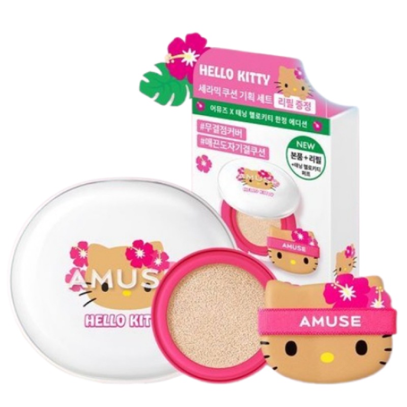 [日焼けキティコラボ]セラミックスキンパーフェクタークッション+リフィル 企画（4カラー） / 韓国 05/01 新作 発売品 キティ クッションファンデ リフィル コスメ セット