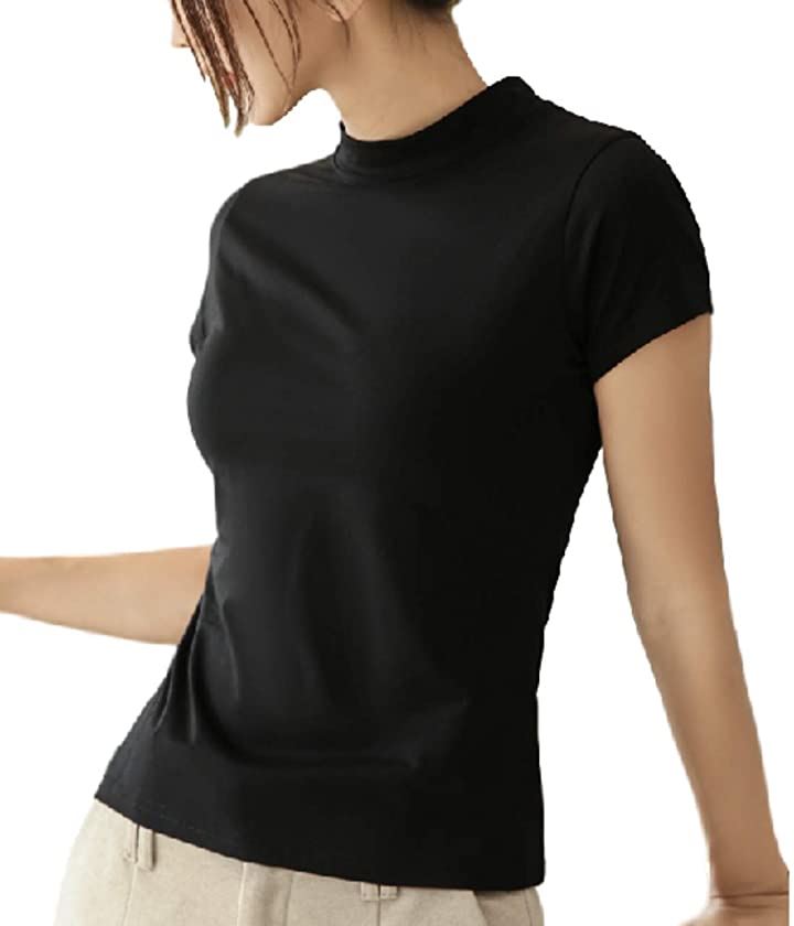 モックネック Tシャツ 女性に人気 ハイネック 超特価 カットソー 半袖 トップス ブラック ブラック， レディース