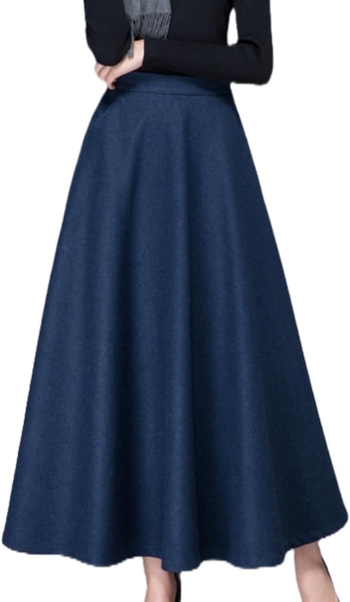 スカート ロング レディース 厚手 フレア ハイウエスト マキシ丈 Aライン 秋 冬 春 (ブルー, XL)