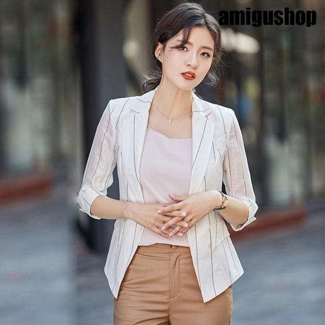 レディース テーラードジャケット 綿麻ジャケット リネン ストライプ 七分袖 サマージャケット ビジネス 通勤 OL オフィス カジュアル 夏 薄手 着痩せ