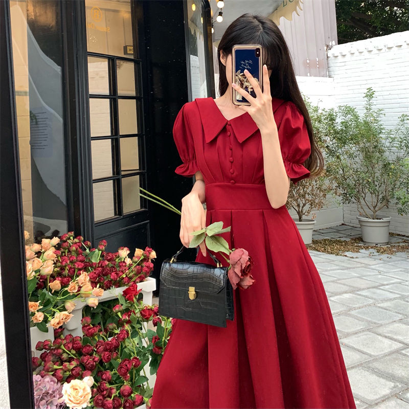 レトロなスタイルの気質の赤いドレスの夏の女性の2025年婚約ドレスロングスカート 母の日 母の日-0008948