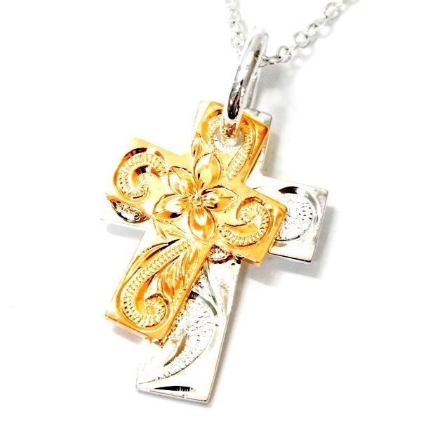 ハワイアンジュエリー ペンダント ネックレス クロス 十字架 スクロール 波 ピンクゴールド メンズ シルバー925