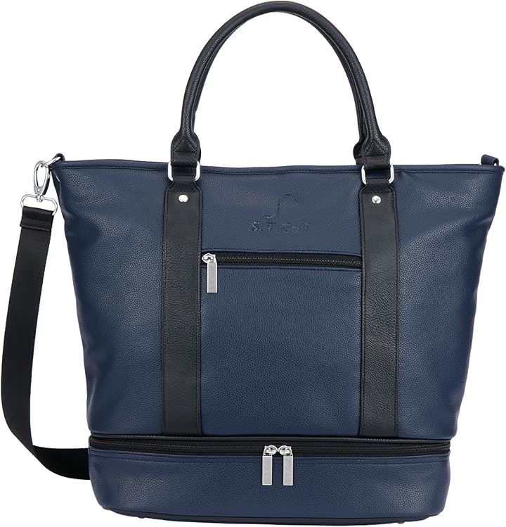 ゴルフ トートバッグ メンズ 高級PUレザー 大容量 シューズ収納可 3WAY 型押しロゴ ショルダーストラップ付属 防水(ネイビー/ブラック)