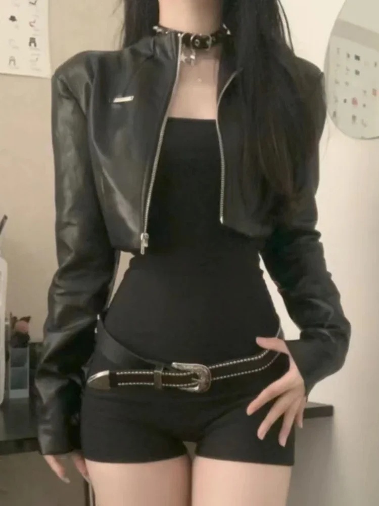 女性用2ピースレザージャンプスーツ,ヴィンテージハイウエストスーツ,カジュアルハイストリートセット,レトロ,エレガント,y2k,セクシー,2023 - 200000345