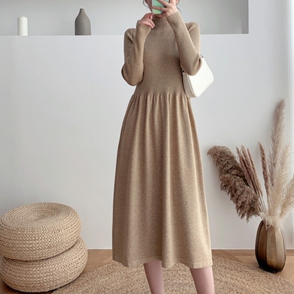 【韓国の人気爆発】 主役級 シンプル 無地 ギャザー ハイウエスト Aライン ハーフネック ニットワ