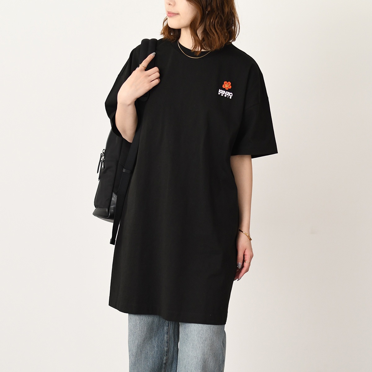 ワンピース トップス クレスト 刺繍 オーバーサイズ Tシャツ ドレス BOKE FLOWER FD62RO7404SY レディース BLACK ブラック ラウンドネック