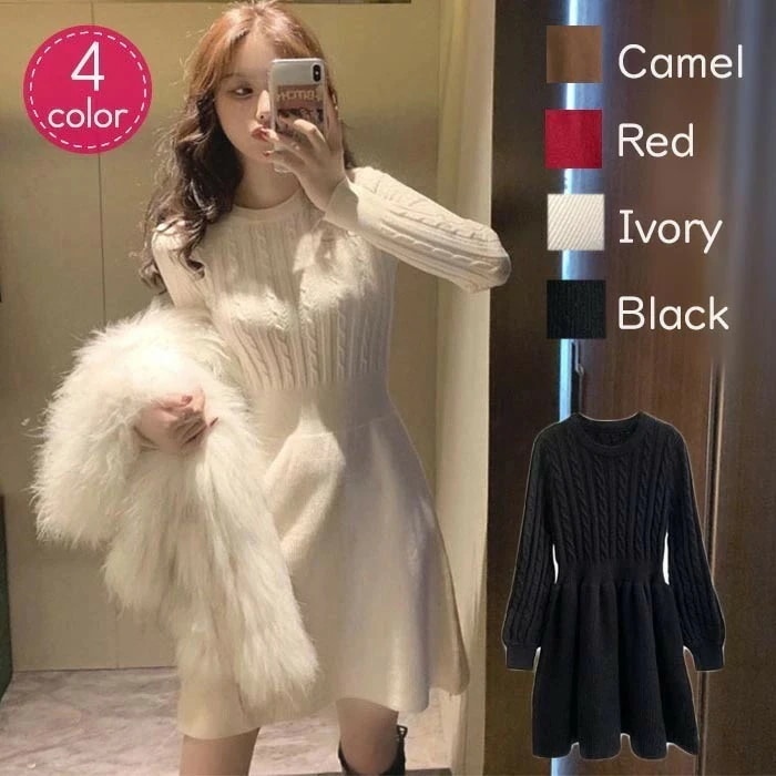 【急速出荷!】ニットワンピース 秋冬 ミニ丈 膝丈 ひざ丈 aライン 大きいサイズ ワンピース Aライン ミニワンピ エレガント 20代　30代 学生ワンピース キャメル レッド ブラック ホワイト