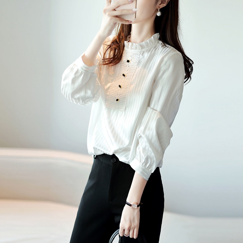 フリルネックブラウス トップス シャツ ブラウス 袖あり 長袖 ハイネック レース シフォン 前開き かわいい 大人可愛い きれいめ シンプル カジュアル 大人 上品 おしゃれ お洒落 大人可愛い