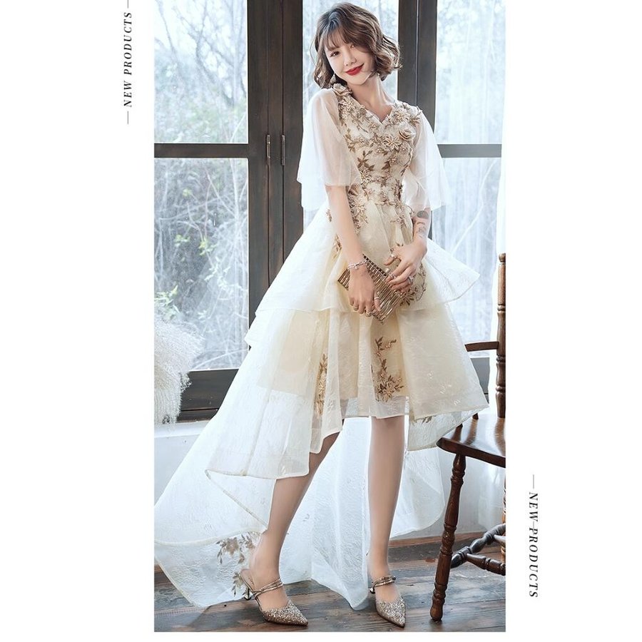 ウエディングドレス aラインワンピース 結婚式 不規則 袖あり ミモレ丈ドレス パーティードレス 大 9,246円