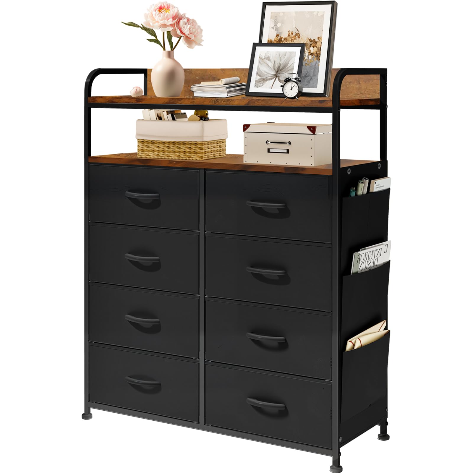 [ClutterFree] チェスト タンス 収納チェスト 2段棚 布製チェスト 引き出し 洋服タンス 側面 収納 大容量 リビング収納 衣類収納 箪笥 木製天板付き 簡単組立 多機能 転倒防止 AG