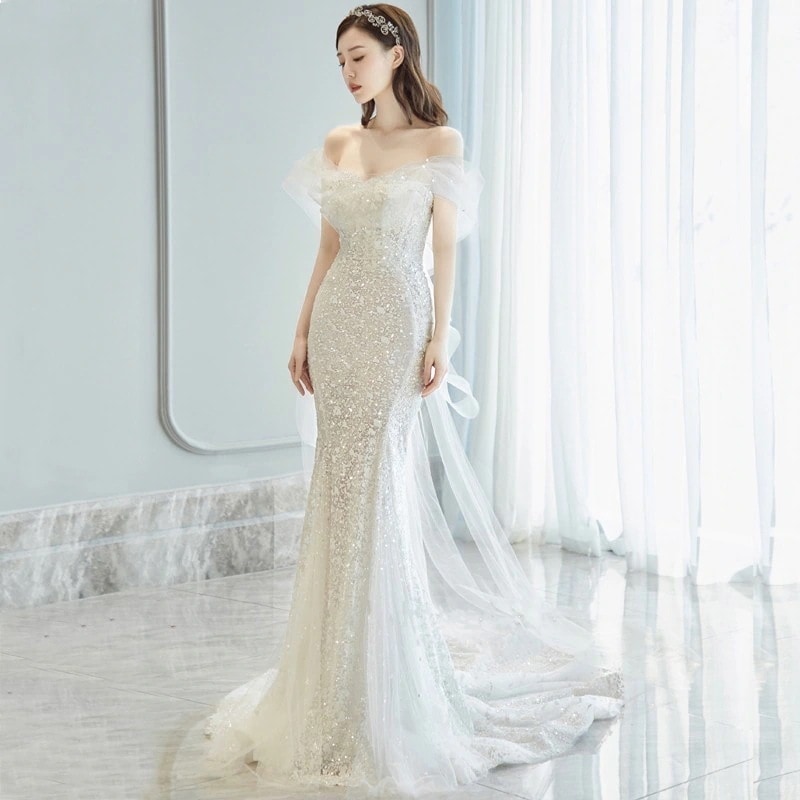 結婚式 セクシー ドレス フィッシュテールスカート着痩せ一文字肩 パーティードレスドレスウェディングドレス 花嫁 結婚式