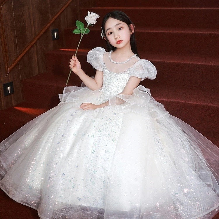 子供ドレス 白 シャンパン色 ピアノ発表会ドレス ロングドレス スパンコール キレイめ フリル ホワイトドレス 女児ドレス プリンセスドレス キッズドレス 女の子 演奏会ドレス 演出服 100 110