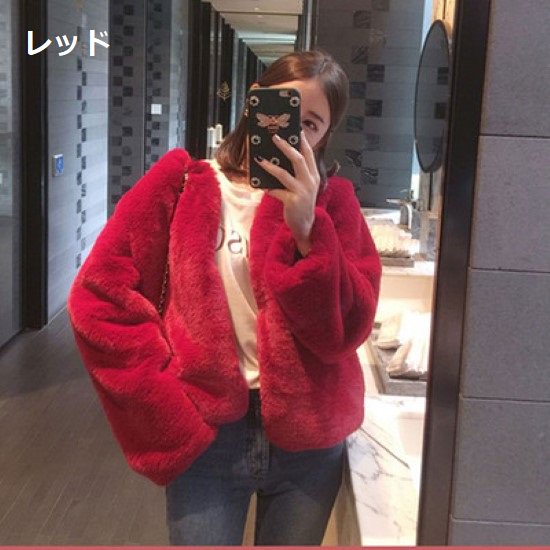 【取寄：納期2週間】フェイクファーコート レディース ファージャケット 羽織 アウター ふわふわ もこもこ ショートコート ジャケット 秋冬 暖かい シンプル 無地 長袖 ラウンドネック