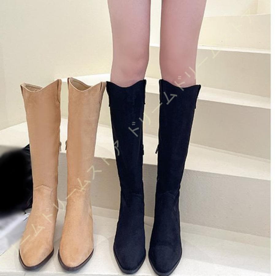 レディース シンプル ロングブーツ 無地 太ヒール ジョッキーブーツ サイドジッパー ロングブーツ レディース 歩きやすい 履きやすい ブーツ 黒