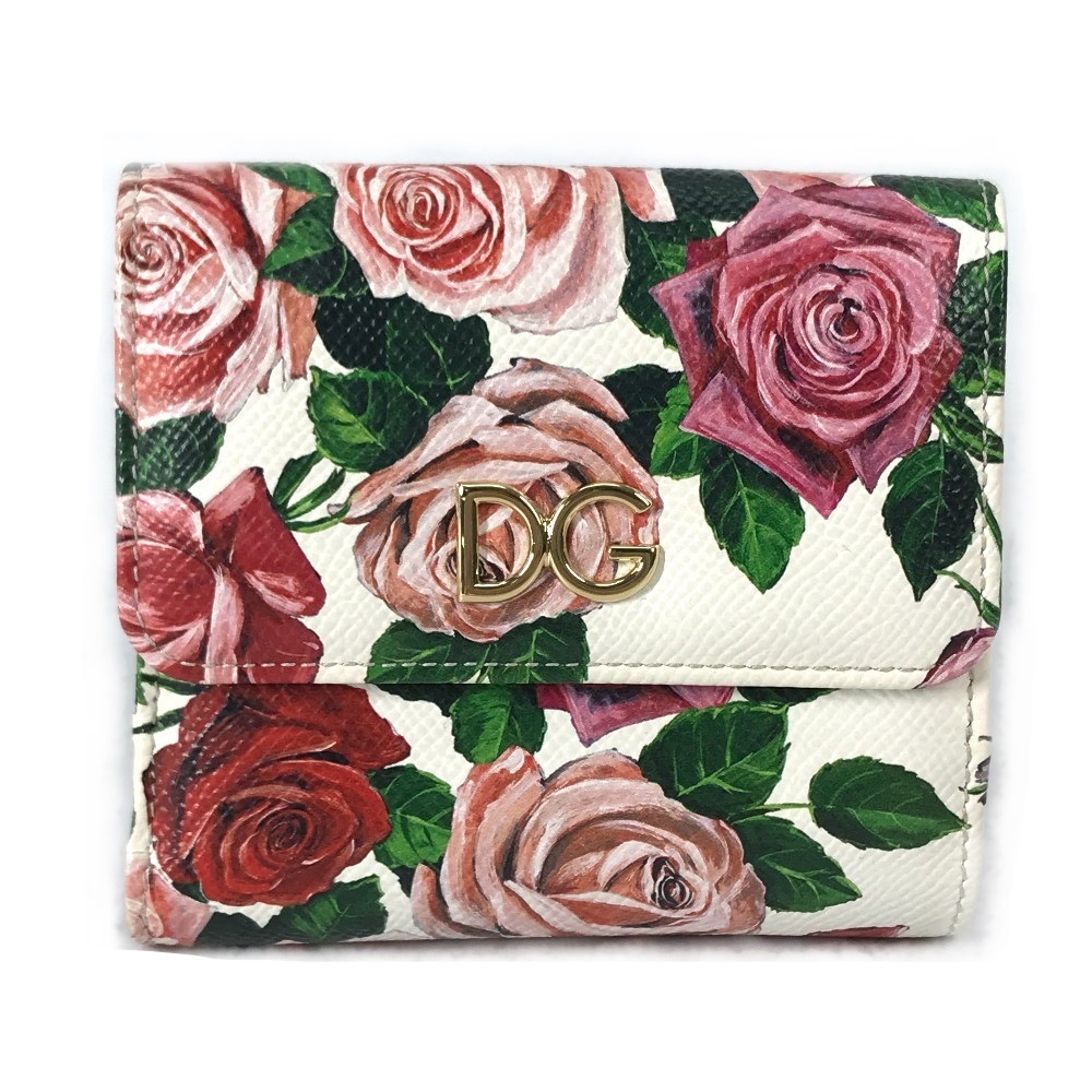 2つ折り財布 DGロゴ 花柄 フラワー コンパクトウォレット レザー ホワイトピンク系
