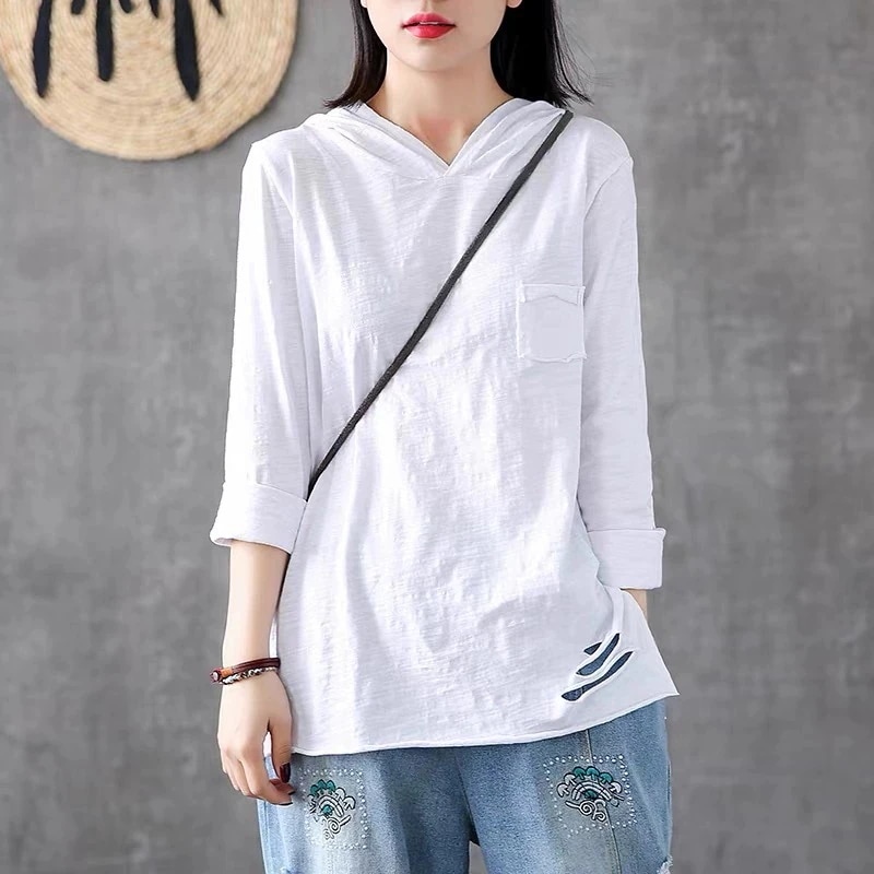 白い竹節綿ゆるいtシャツ2024新レディース春秋帽子破れ穴tシャツ長袖上着大きいサイズ ロンT