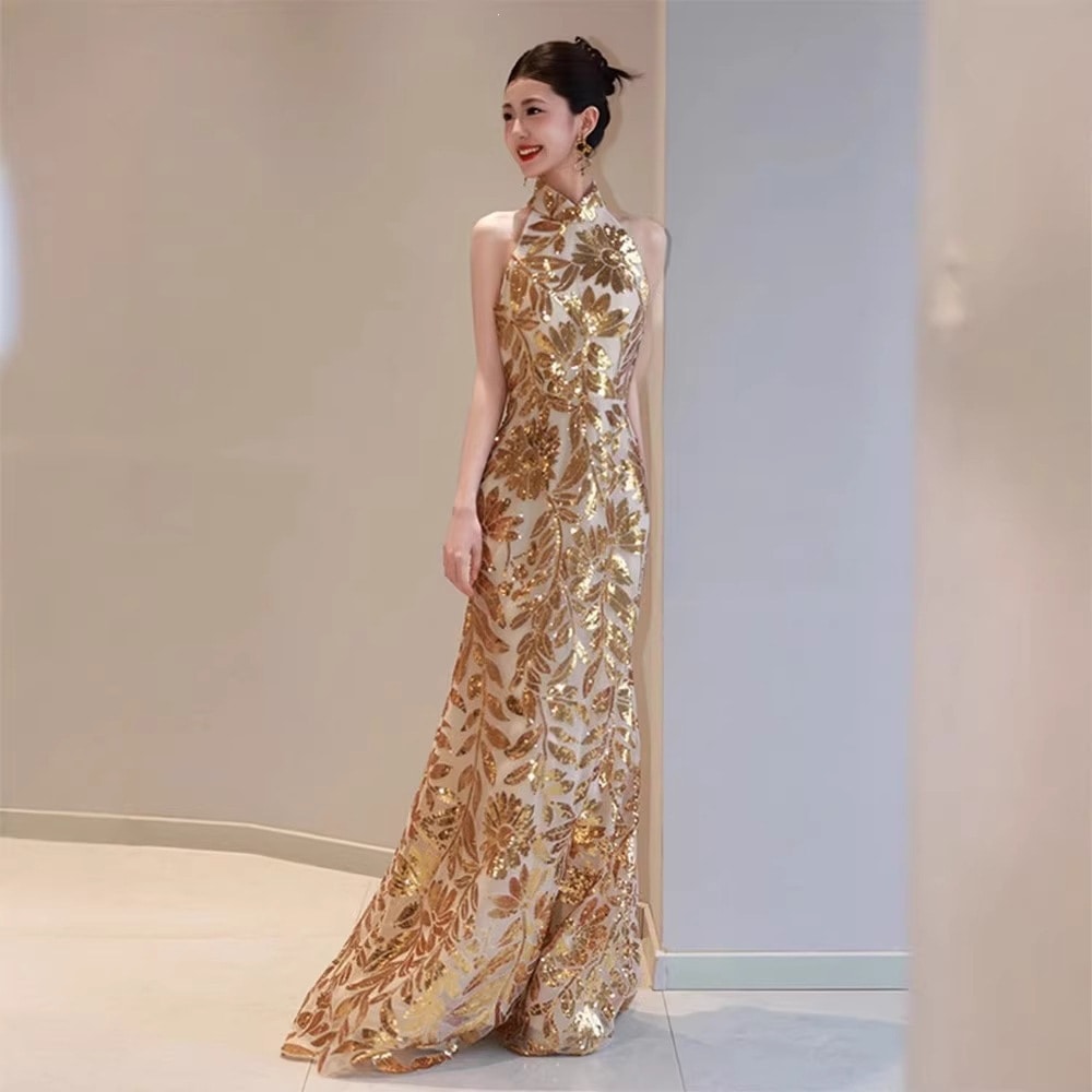 新中式 新婦 お色直し お色直し 2026 ゴールド 気品 セレブ プリンセス マーメイド 披露宴 フォーマルドレス