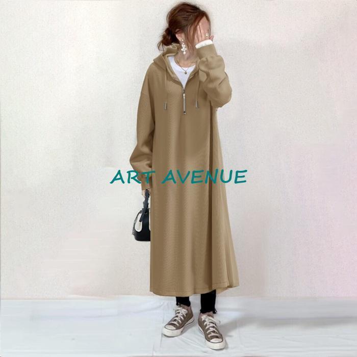 ワンピース レディース 長袖 後ろプリーツ ロングワンピース フード付き ファスナー ロング丈 40代 20代 冬 秋 春 お出かけ