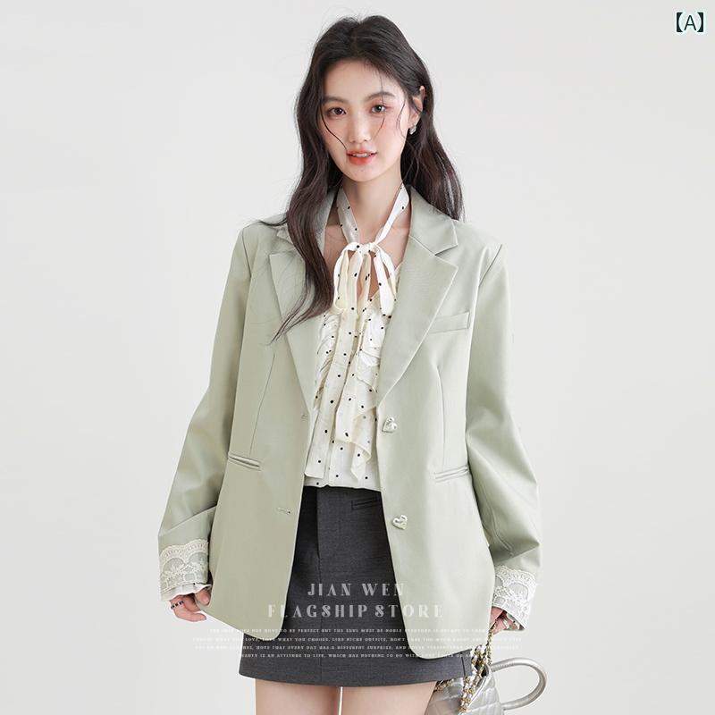 スーツ　ジャケット　カジュアル 女性用 グリーン スーツ ジャケット 2025 春秋 高級 レース スプライシング カジュアル スモール トップ