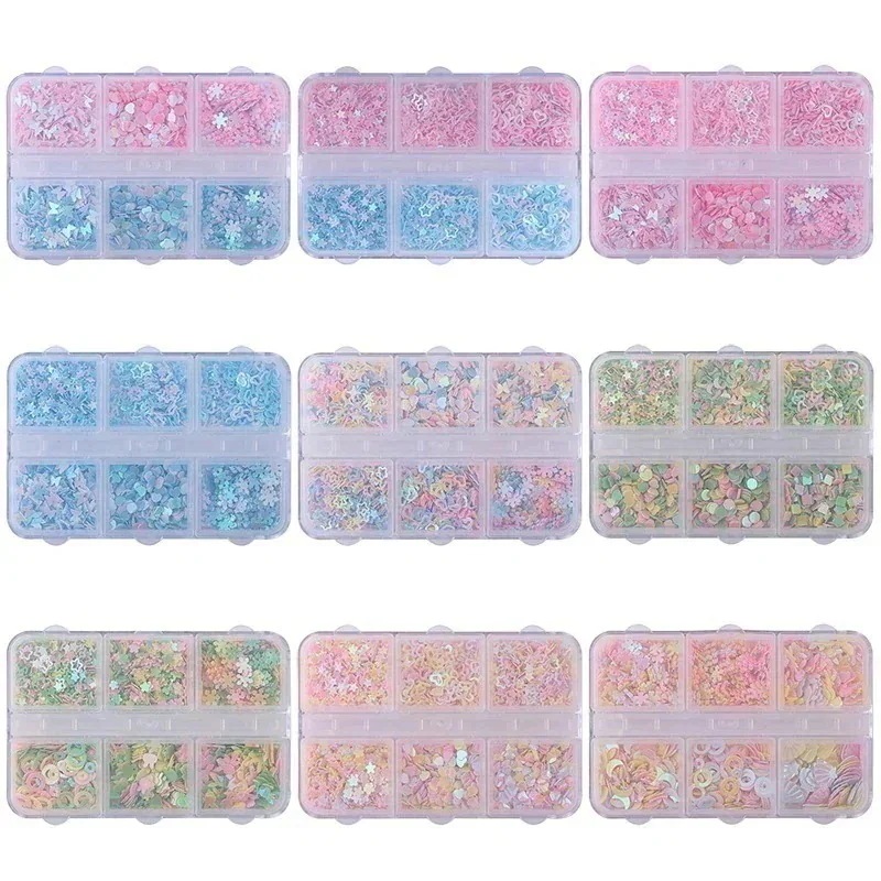【1つ買うと12つ無料】ネイルアクセサリー6コマ箱入りネイルスパンコール子供り材料ハート型五角星十字星253194 V719