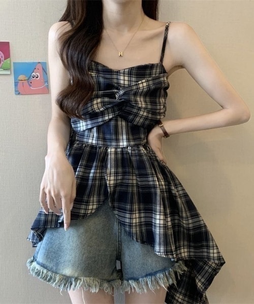 団体購入5件価格 キャミソール チェック柄アシメフリルキャミソール