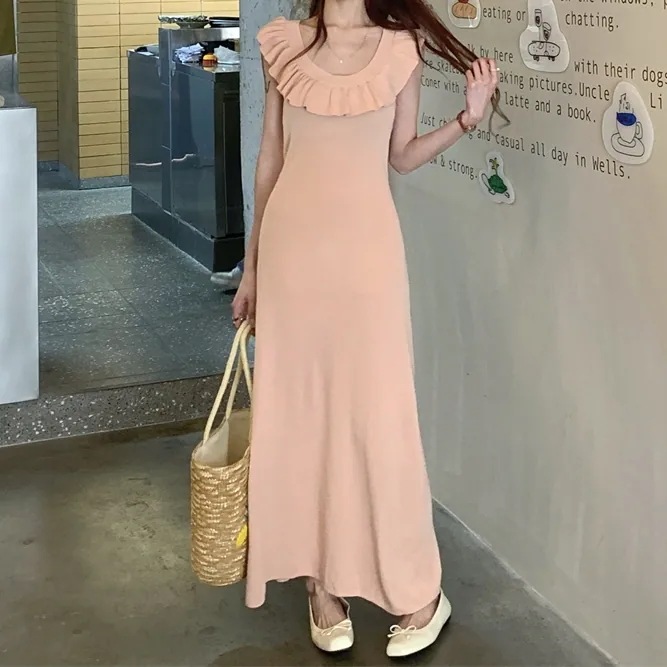 ワンピース レディース フルレングス ノースリーブ Uネック スリム フェアリースカート フリル バックコンシャス かわいい 大人可愛い きれいめ シンプル カジュアル 上品 おしゃれ レトロ こなれ