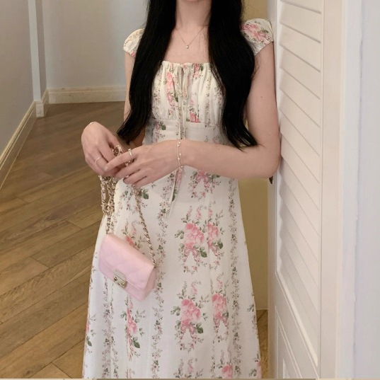 ホルターネック 花柄ワンピース 夏 ウエストマーク 痩せ見え つぼみスカート 甘辛 少女 ふんわり