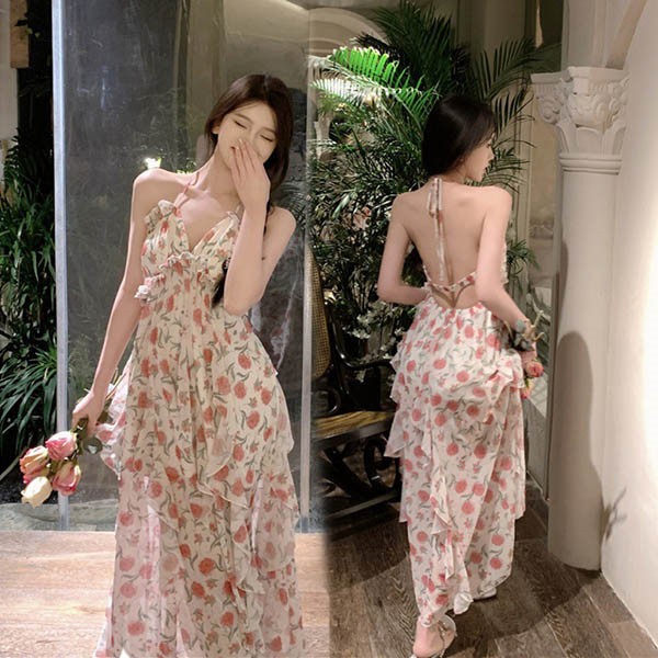 ワンピース 袖なし 花柄 夏ワンピ 可愛い かわいい ゆったり ロング丈 Vネック ハイウエスト リボン セクシー 夏ワンピース 夏 リゾートワンピ 旅行 海 海辺 バカンス デート お出かけ da0 4,754円