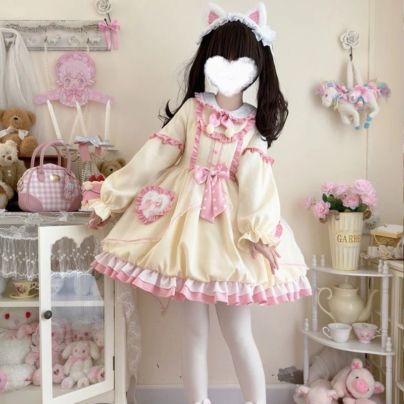 ロリータドレス【ハニーラビット】オリジナルデザインロリータ洋装甘可愛い長袖OP花柄ワンピース和服コスチュームコスチューム