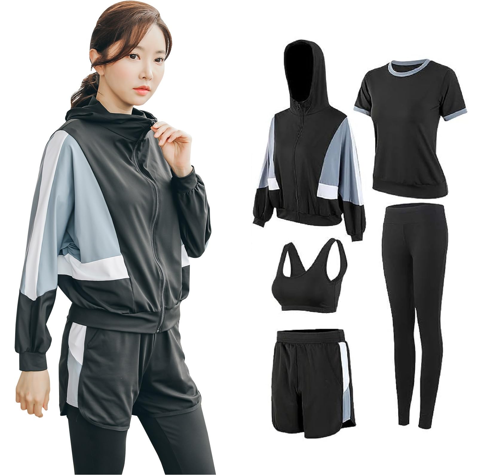 スポーツウェア レディース ヨガウェア トレーニングウェア ランニングウェア 上下5点セット フィットネス ジム ジャージ スポーツブラ レギンス パーカー 半袖 短パンツ 伸縮性 通気 吸汗速乾 春