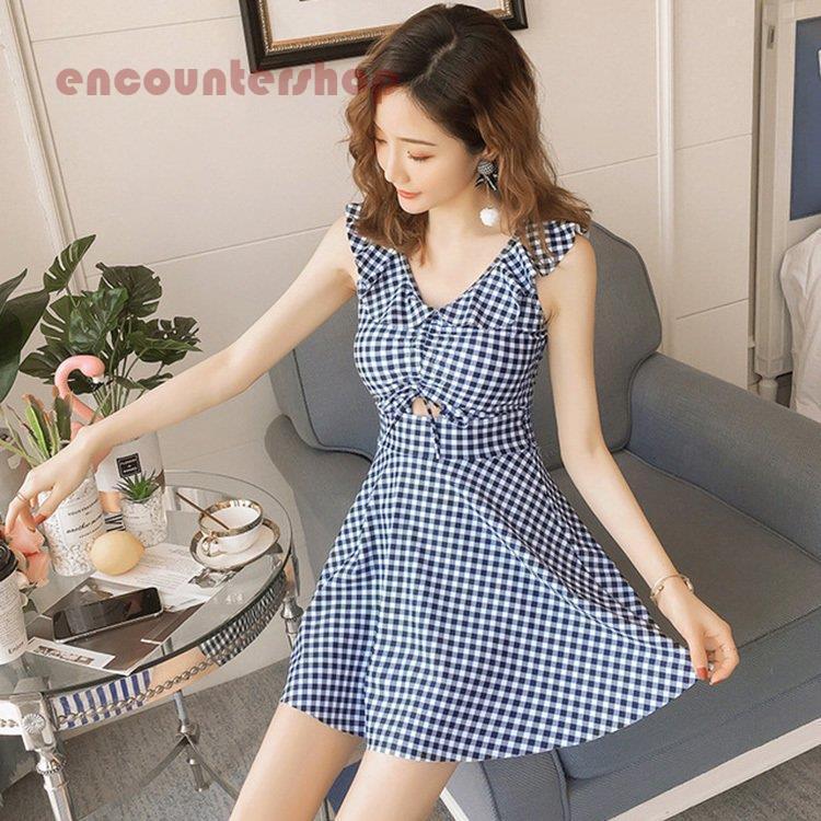 水着 レディース 体型カバー 水着ワンピース型 サロペット水着 半袖 チェック柄Vネック 小胸バンドゥ 40代 オシャレ韓国風 可愛い スイムウェア ママ 6,036円