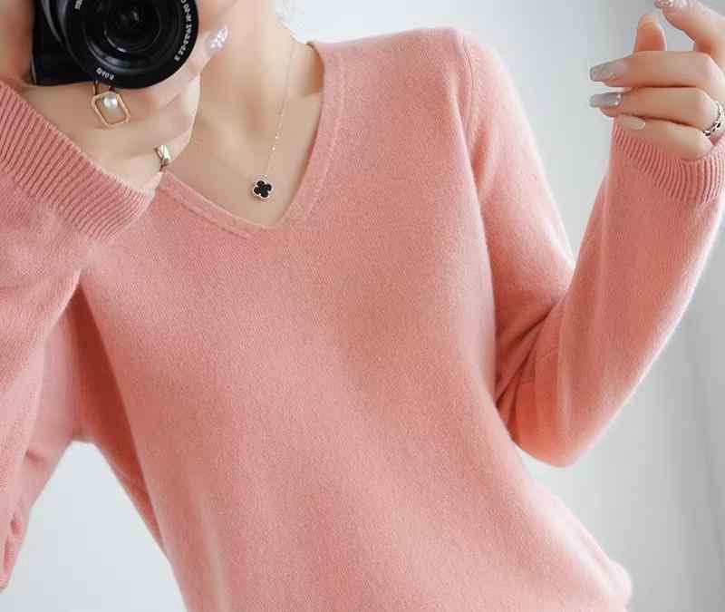 ファッション 服 オシャレ カワイイ シンプル 大カワイイ サイズ 婦服 秋 長袖 プルオーバー ソリッドカラー Vネック ウール セーター レイヤリング