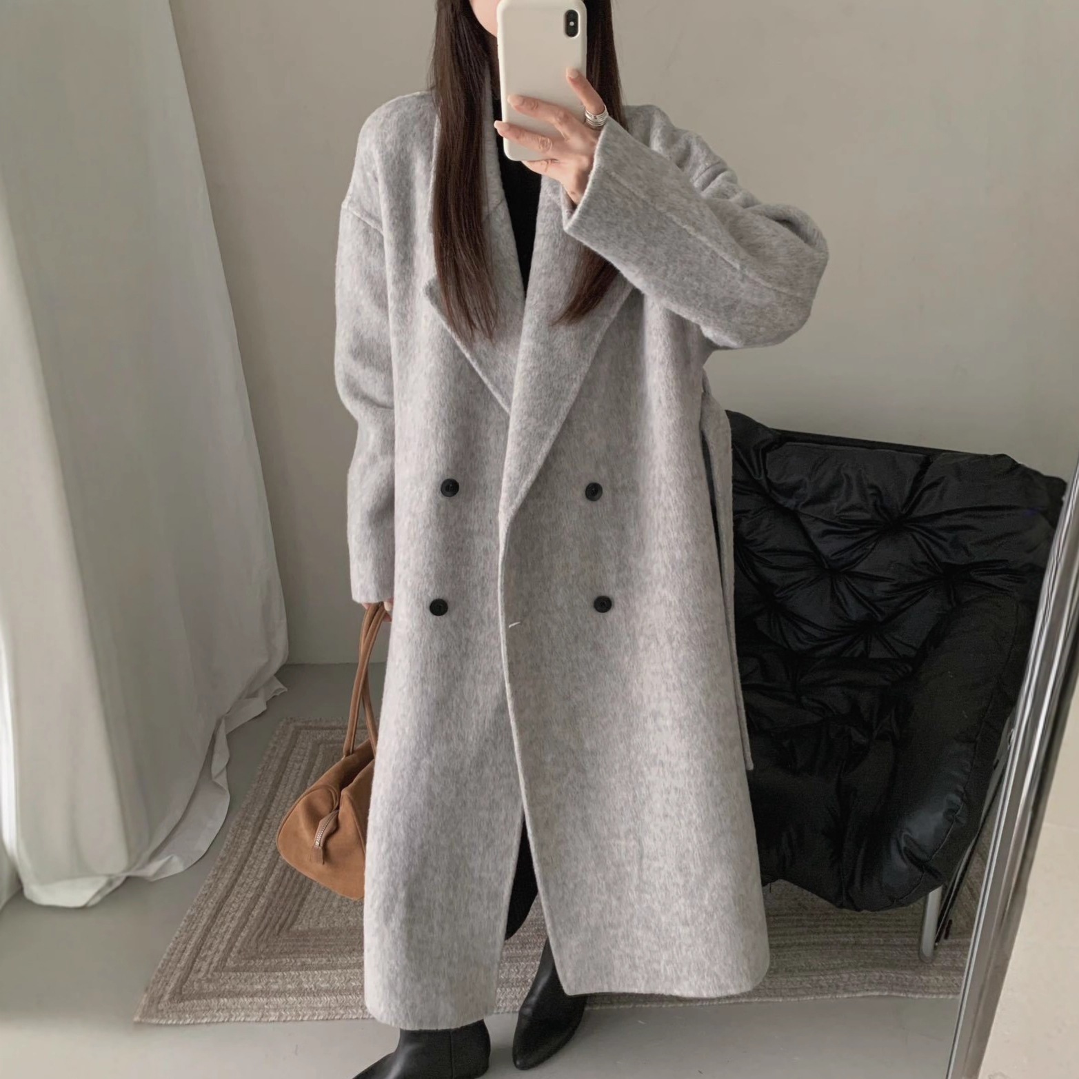 2025秋冬ロングヘア増毛ベルト両面ウールコートシンプルレースアップスーツ襟ウールウールジャケット