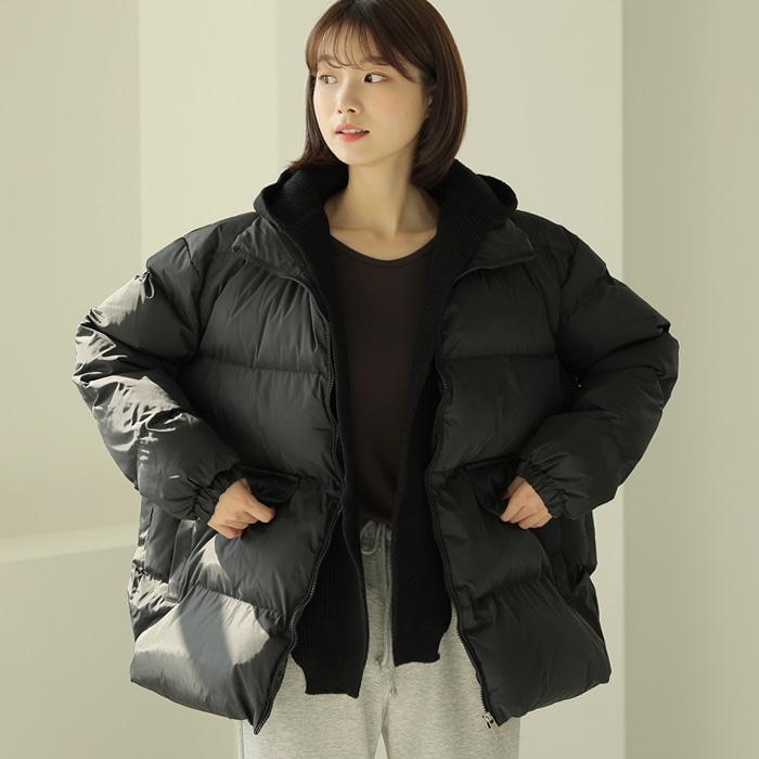 [韓国ファッション] 取り外しニットフード付き ジップアップ中綿ブルゾン