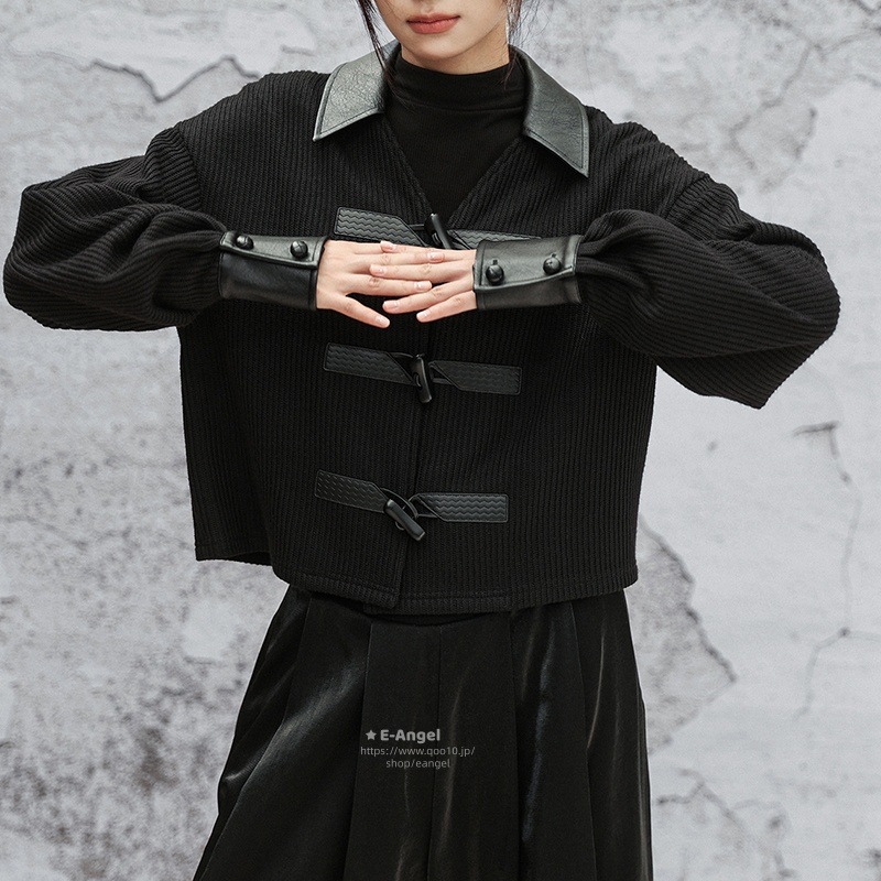 ニットコート 皮切り替え 黒色 ニットカーディガン レディース アウター ショート丈 PU切り替え かっこいい 暗黒
