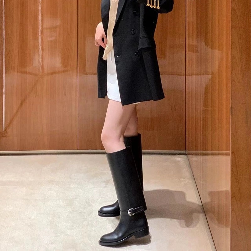 レッグウォーマーブーツ 黒 ロングブーツ ローヒール ブラック 韓国 レディース オルチャン ベルト レザー レディースブーツ 革 無地 歩きやすい 22.5cm 23.0cm